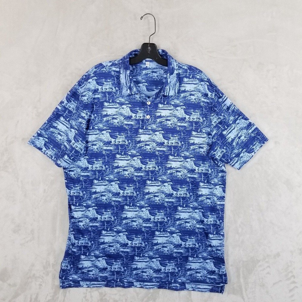 Peter Millar Polo Shirt Men‎ L Blue Summer Comfort Golf Camper Hawaiian All Over